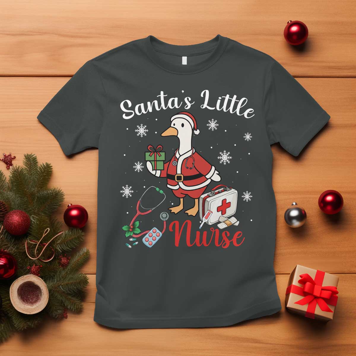 Christmas Goose Nurse T Shirt Santa Little Nurse TS14 Dark Heather Print Your Wear