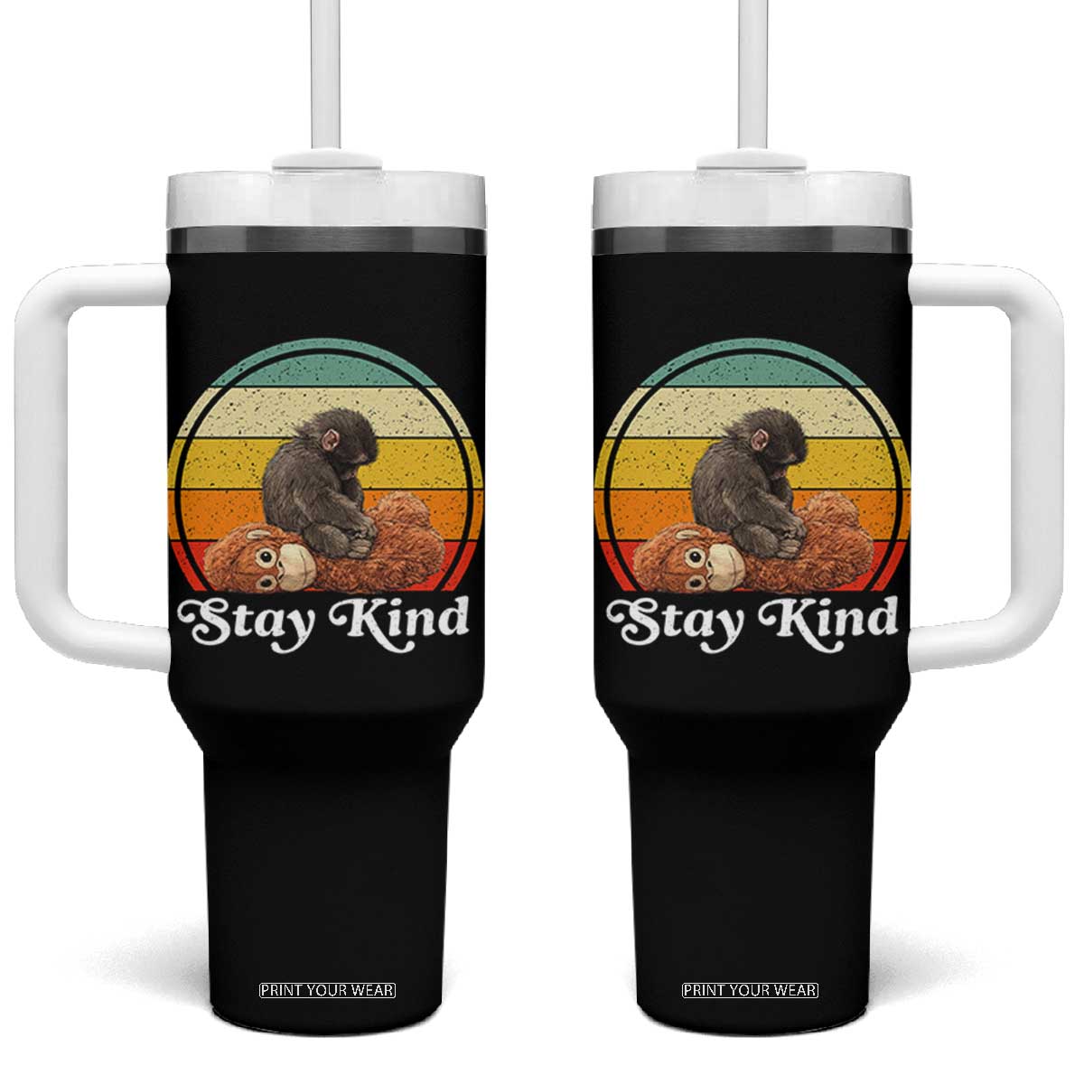 Punch Mokey Tumbler With Handle Viral Trend Baby Monkey Stay Kind TS14 One Size: 40 oz Black Print Your Wear