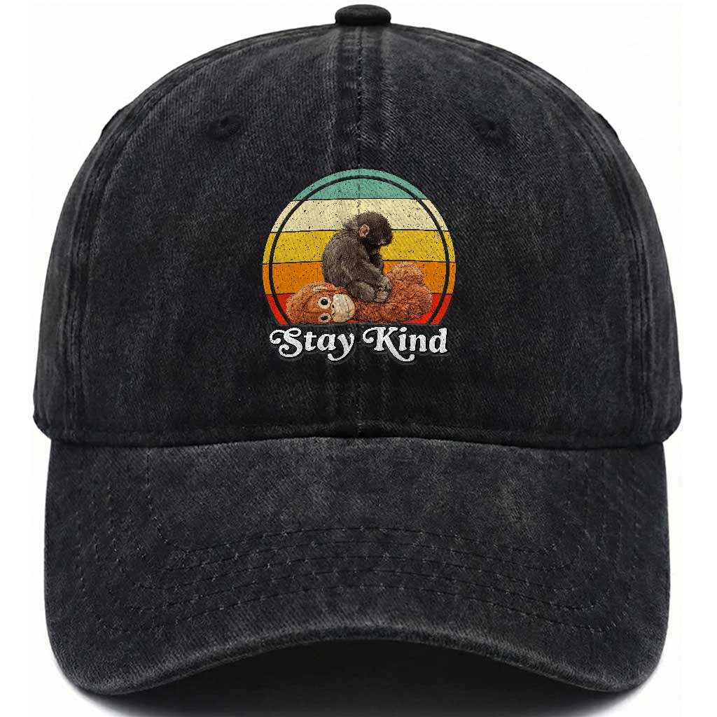 Punch Mokey Washed Cotton Baseball Cap Viral Trend Baby Monkey Stay Kind TS14 Washed Cap Universal Fit Black Print Your Wear