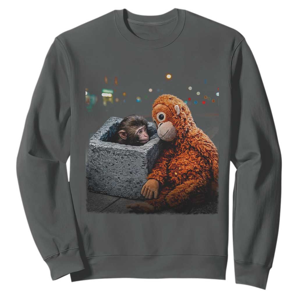 Punch Mokey Sweatshirt Viral Trend Baby Monkey Streets Meme TS14 Dark Heather Print Your Wear