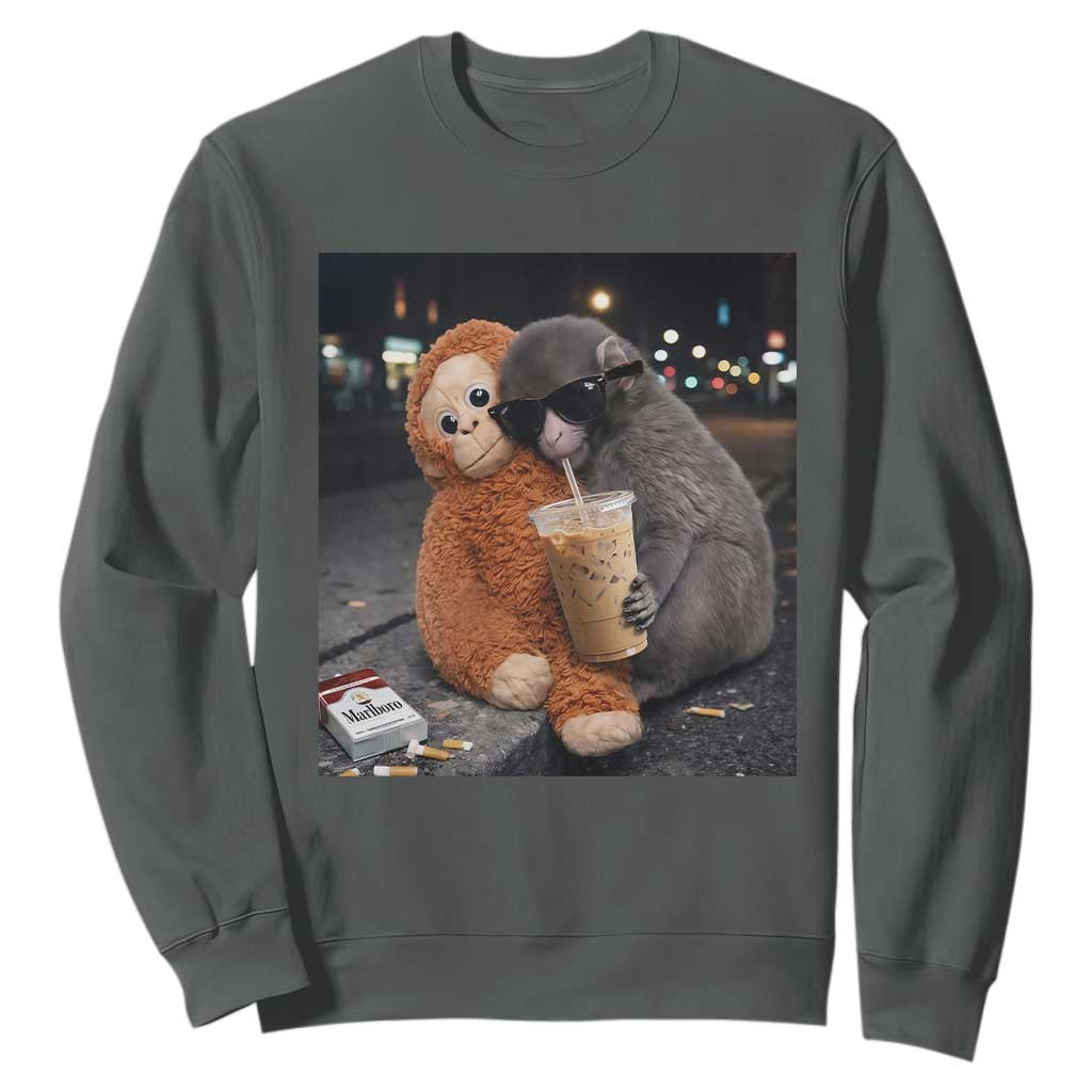 Punch Mokey Meme Sweatshirt Funny Drinking Iced Coffee Sunglasses Street TS14 Dark Heather Print Your Wear