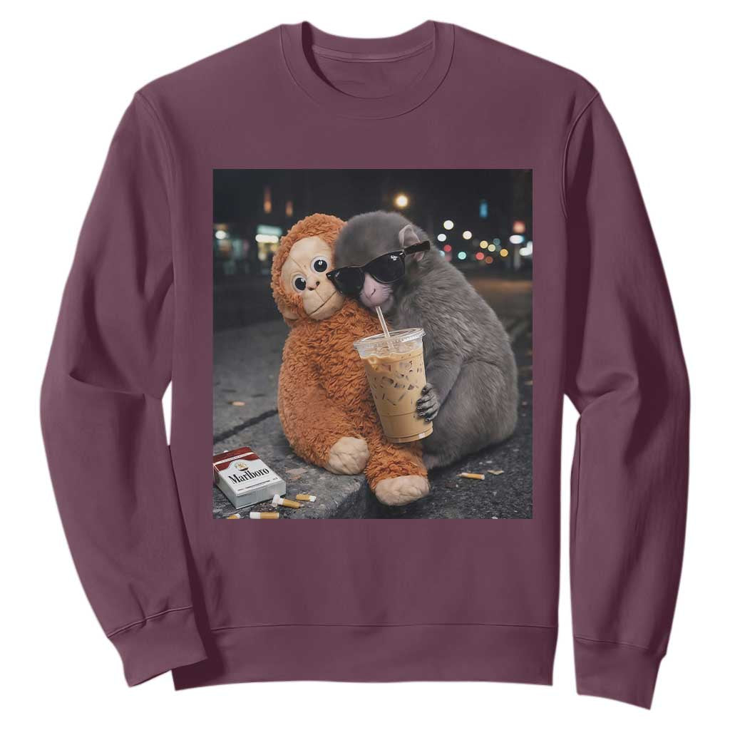 Punch Mokey Meme Sweatshirt Funny Drinking Iced Coffee Sunglasses Street TS14 Maroon Print Your Wear