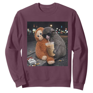 Punch Mokey Meme Sweatshirt Funny Drinking Iced Coffee Sunglasses Street TS14 Maroon Print Your Wear