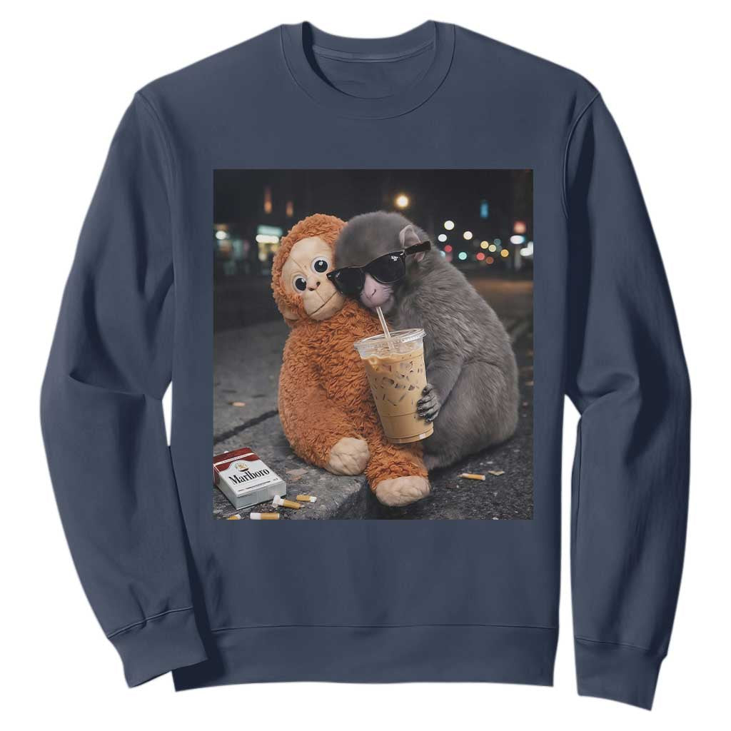Punch Mokey Meme Sweatshirt Funny Drinking Iced Coffee Sunglasses Street TS14 Navy Print Your Wear