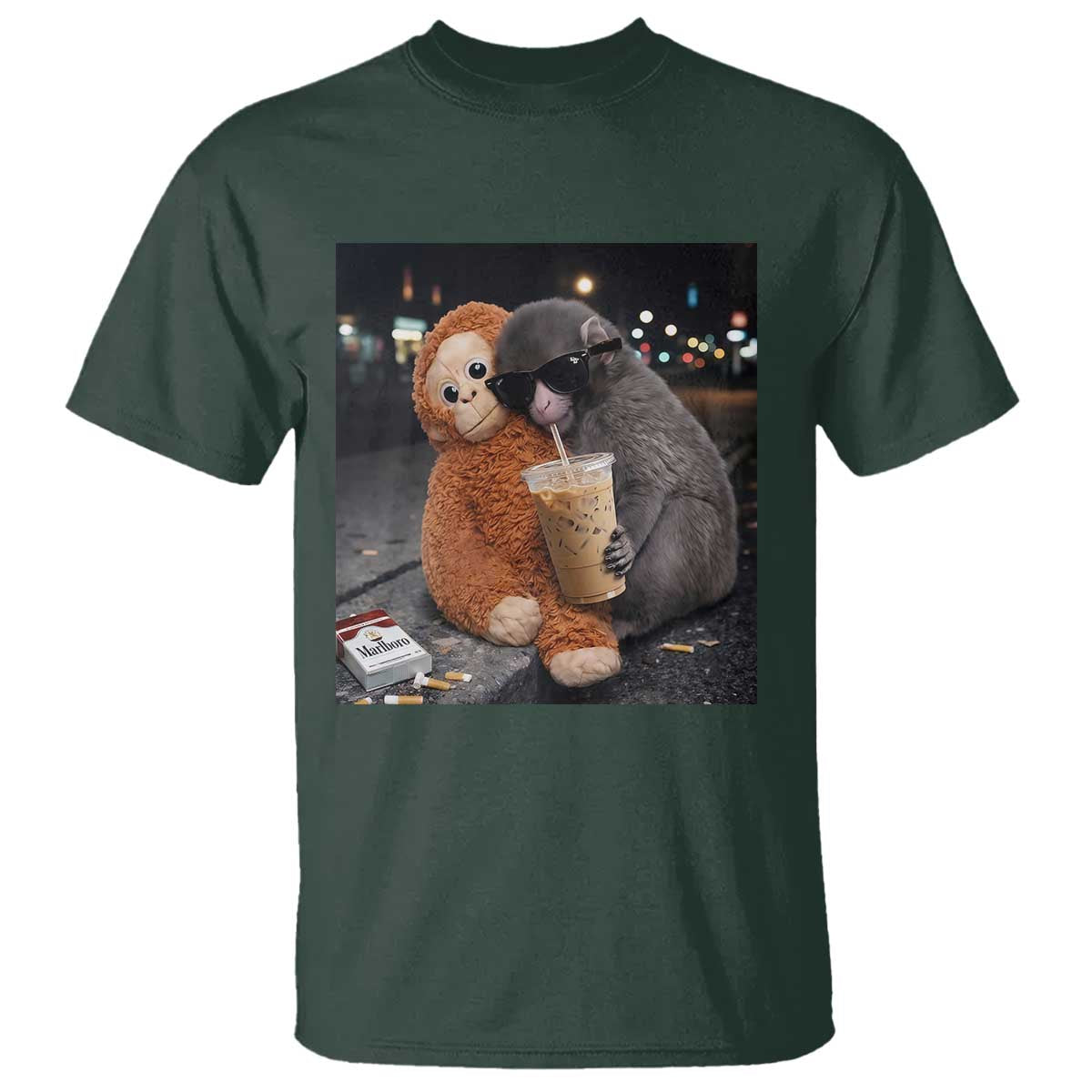 Punch Mokey Meme T Shirt Funny Drinking Iced Coffee Sunglasses Street TS14 Dark Forest Green Print Your Wear