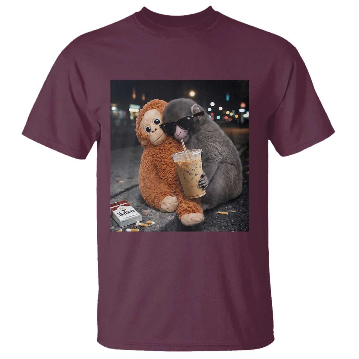 Punch Mokey Meme T Shirt Funny Drinking Iced Coffee Sunglasses Street TS14 Maroon Print Your Wear