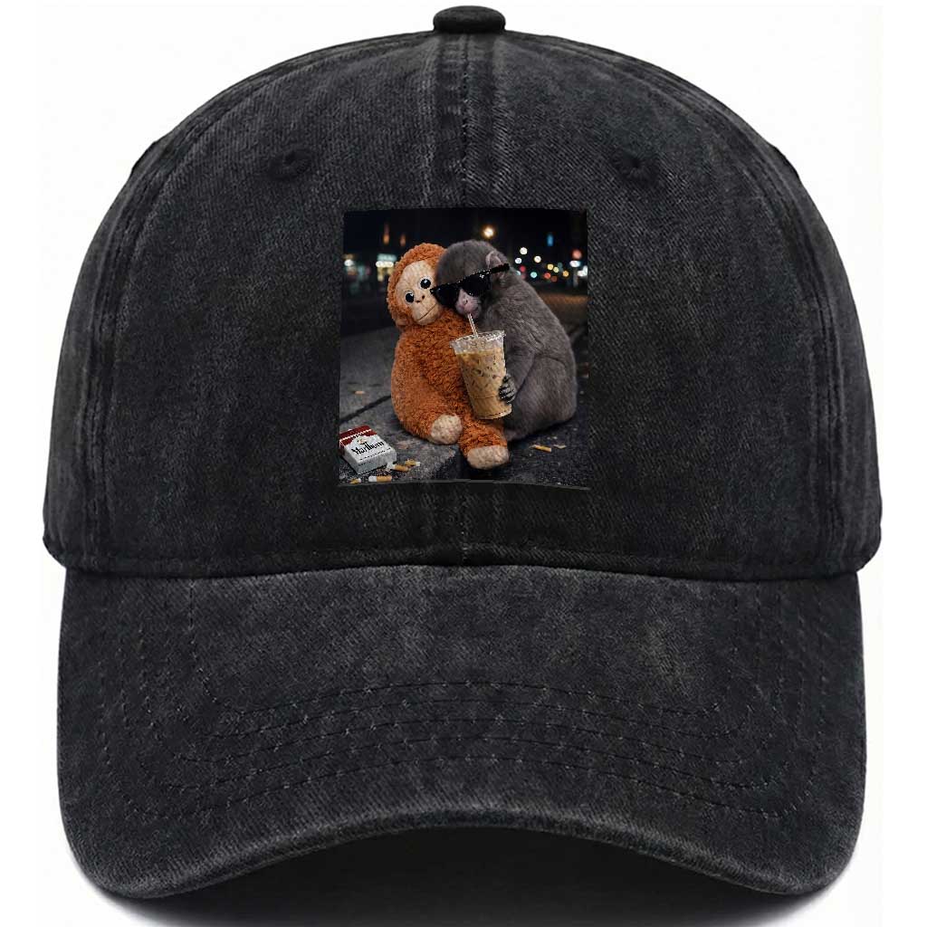Punch Mokey Meme Washed Cotton Baseball Cap Funny Drinking Iced Coffee Sunglasses Street TS14 Print Your Wear