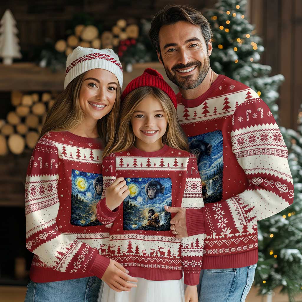 Punch Mokey Ugly Christmas Sweater Viral Baby Monkey Starry Night Van Gogh TS14 Red Beige Print Your Wear
