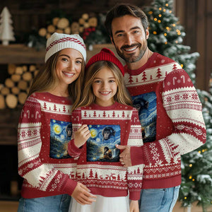 Punch Mokey Ugly Christmas Sweater Viral Baby Monkey Starry Night Van Gogh TS14 Red Beige Print Your Wear