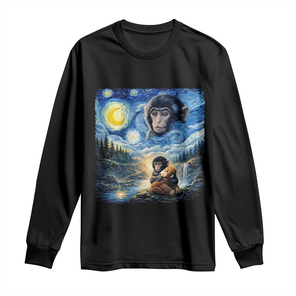 Punch Mokey Long Sleeve Shirt Viral Baby Monkey Starry Night Van Gogh TS14 Black Print Your Wear
