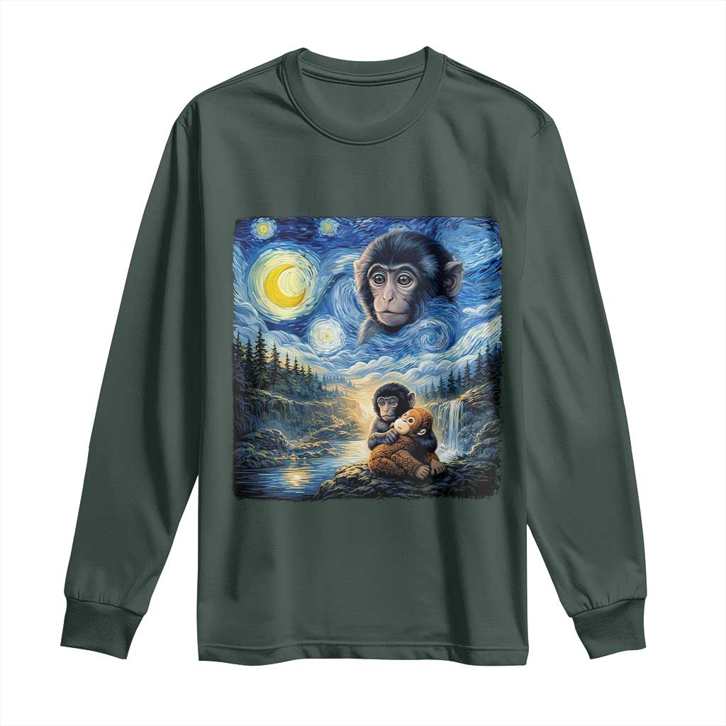 Punch Mokey Long Sleeve Shirt Viral Baby Monkey Starry Night Van Gogh TS14 Dark Forest Green Print Your Wear