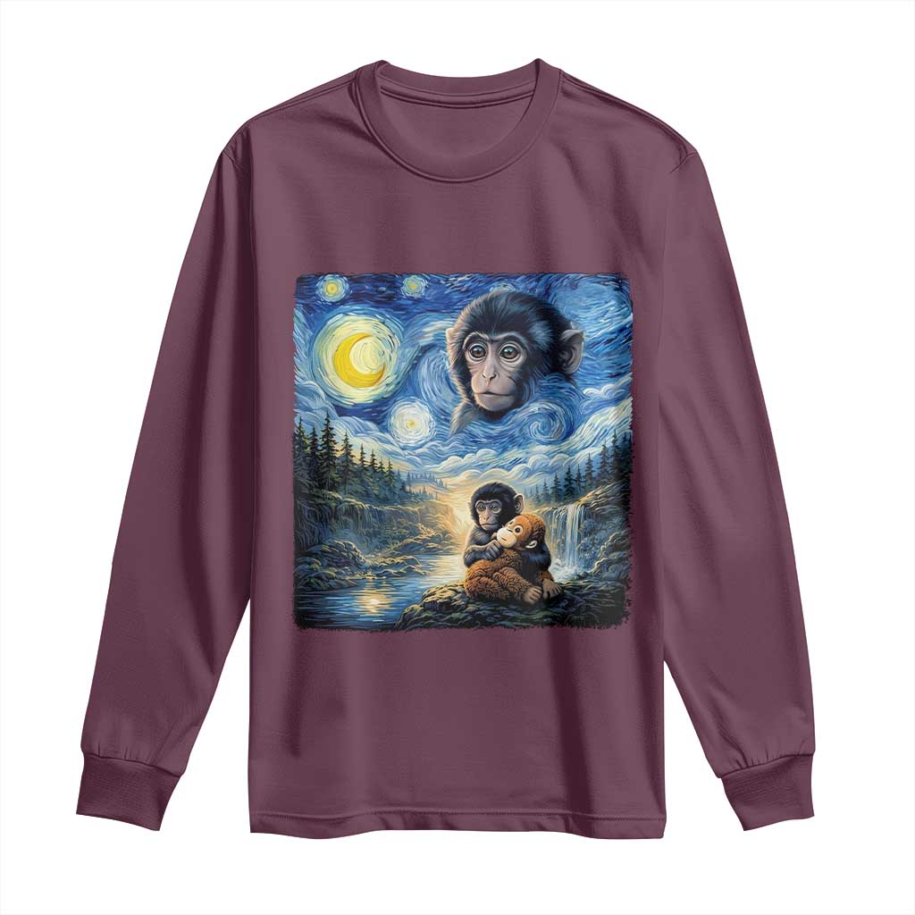 Punch Mokey Long Sleeve Shirt Viral Baby Monkey Starry Night Van Gogh TS14 Maroon Print Your Wear