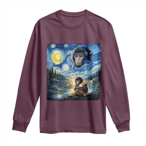 Punch Mokey Long Sleeve Shirt Viral Baby Monkey Starry Night Van Gogh TS14 Maroon Print Your Wear