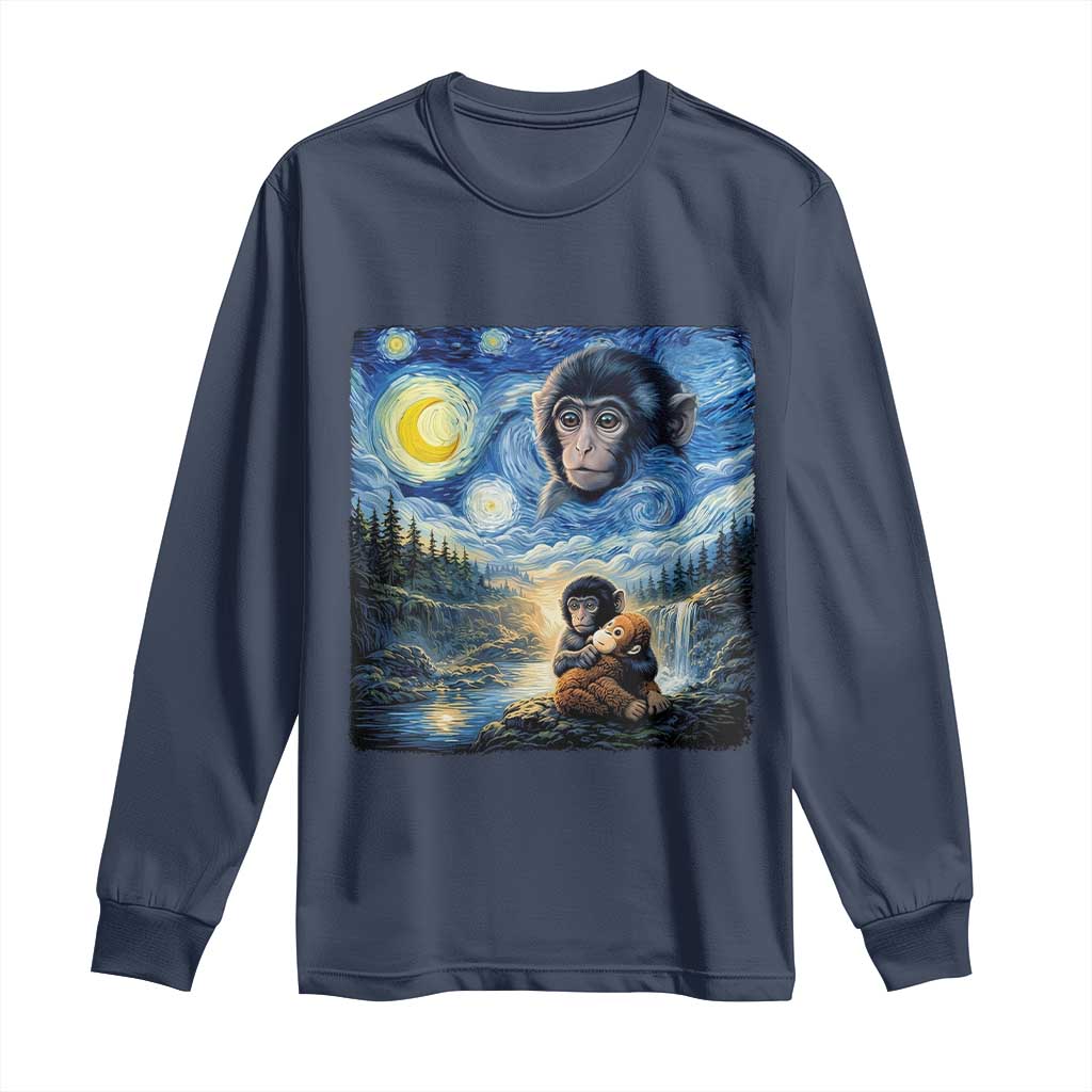 Punch Mokey Long Sleeve Shirt Viral Baby Monkey Starry Night Van Gogh TS14 Navy Print Your Wear