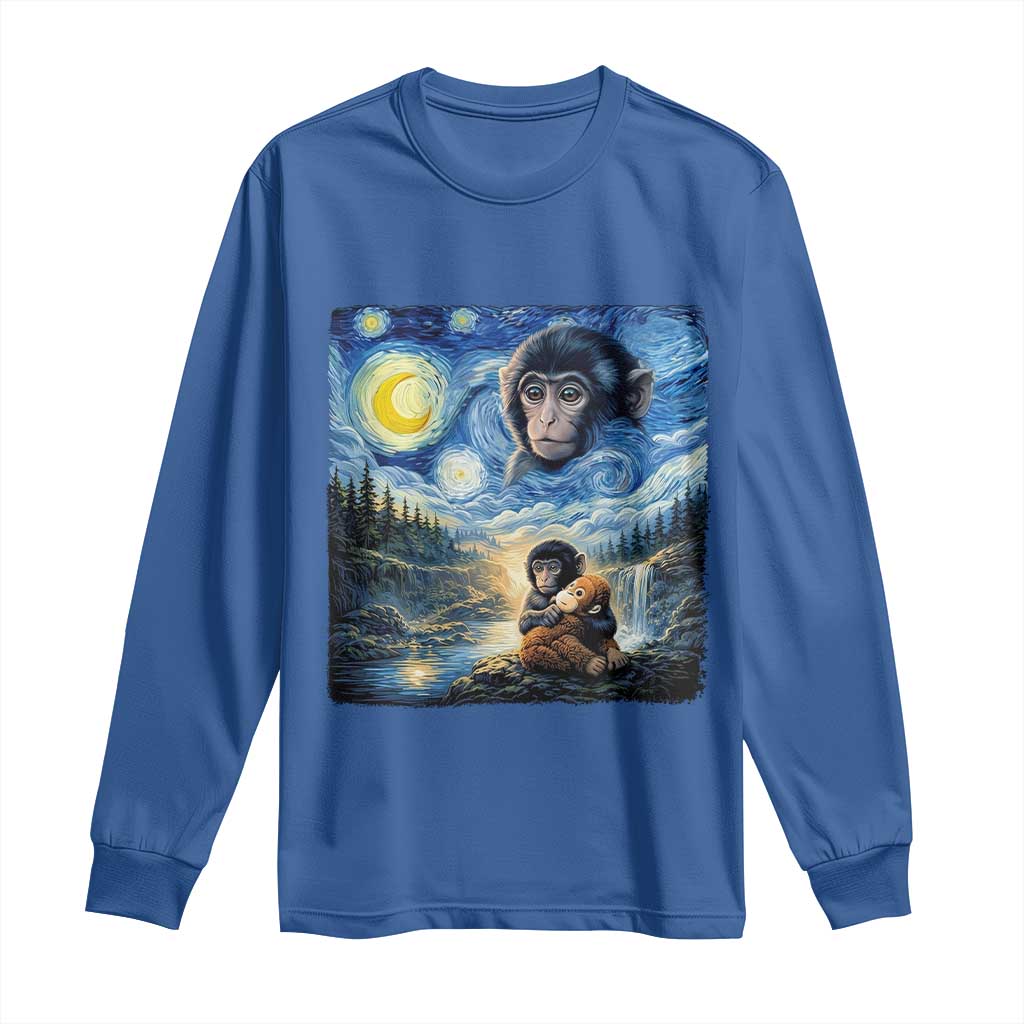 Punch Mokey Long Sleeve Shirt Viral Baby Monkey Starry Night Van Gogh TS14 Royal Blue Print Your Wear