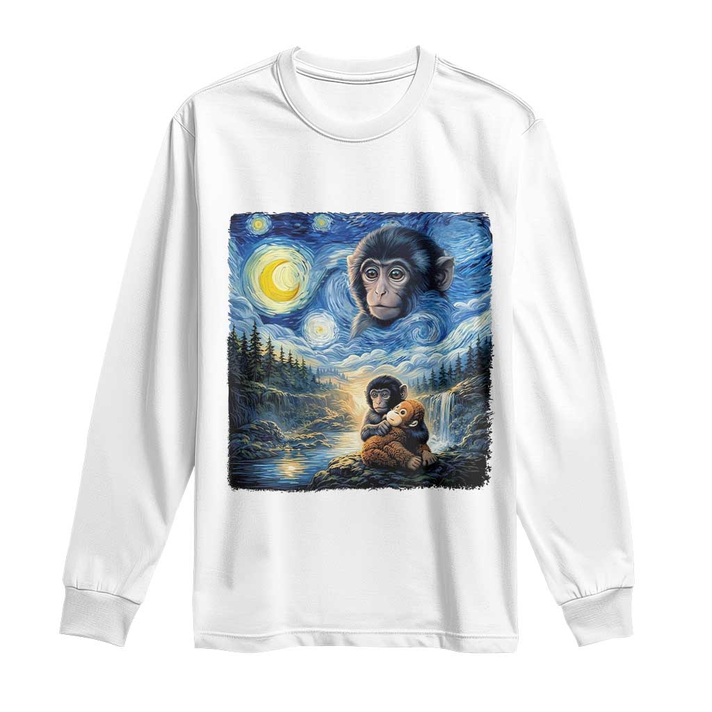 Punch Mokey Long Sleeve Shirt Viral Baby Monkey Starry Night Van Gogh TS14 White Print Your Wear