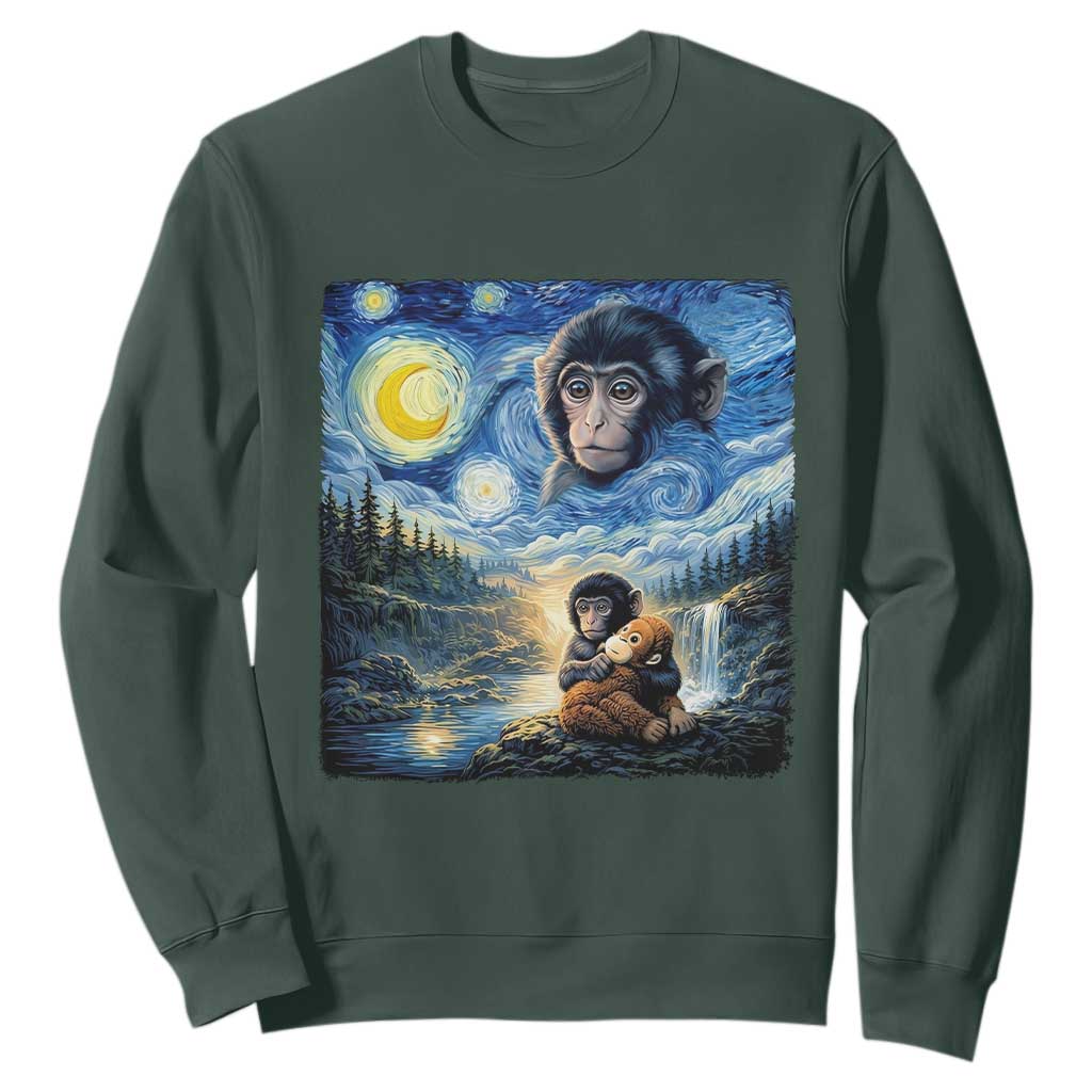 Punch Mokey Sweatshirt Viral Baby Monkey Starry Night Van Gogh TS14 Dark Forest Green Print Your Wear