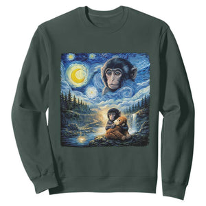 Punch Mokey Sweatshirt Viral Baby Monkey Starry Night Van Gogh TS14 Dark Forest Green Print Your Wear