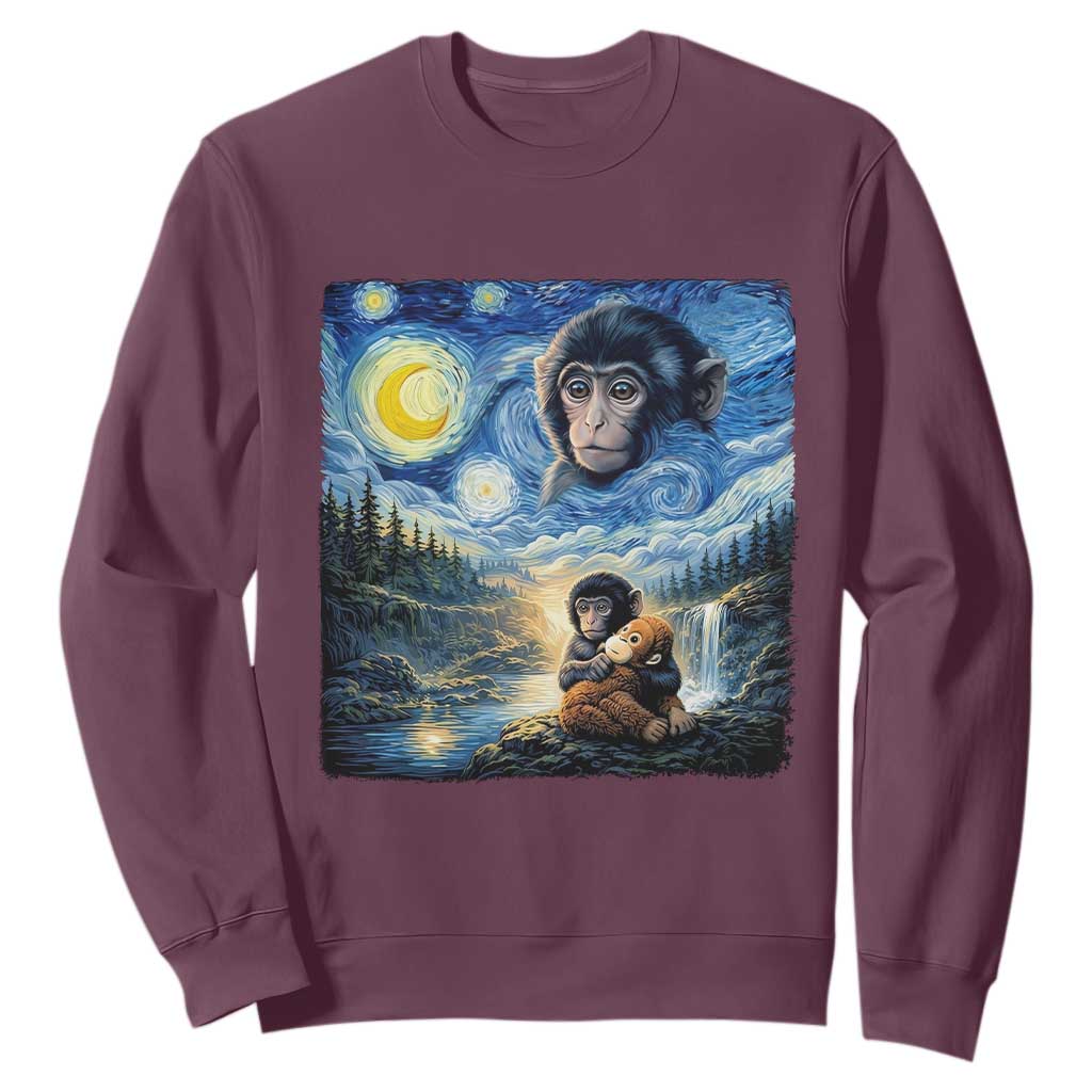 Punch Mokey Sweatshirt Viral Baby Monkey Starry Night Van Gogh TS14 Maroon Print Your Wear