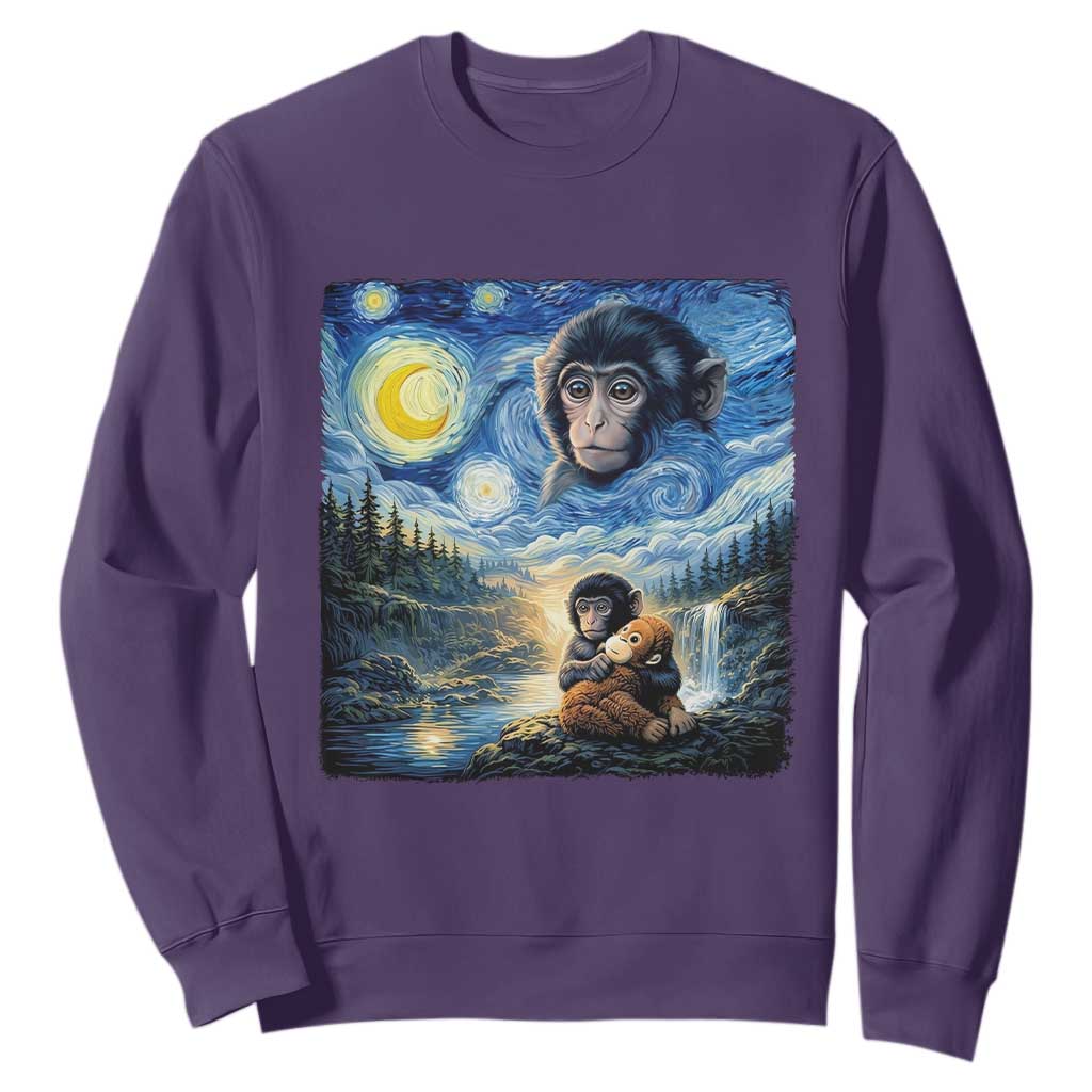 Punch Mokey Sweatshirt Viral Baby Monkey Starry Night Van Gogh TS14 Purple Print Your Wear