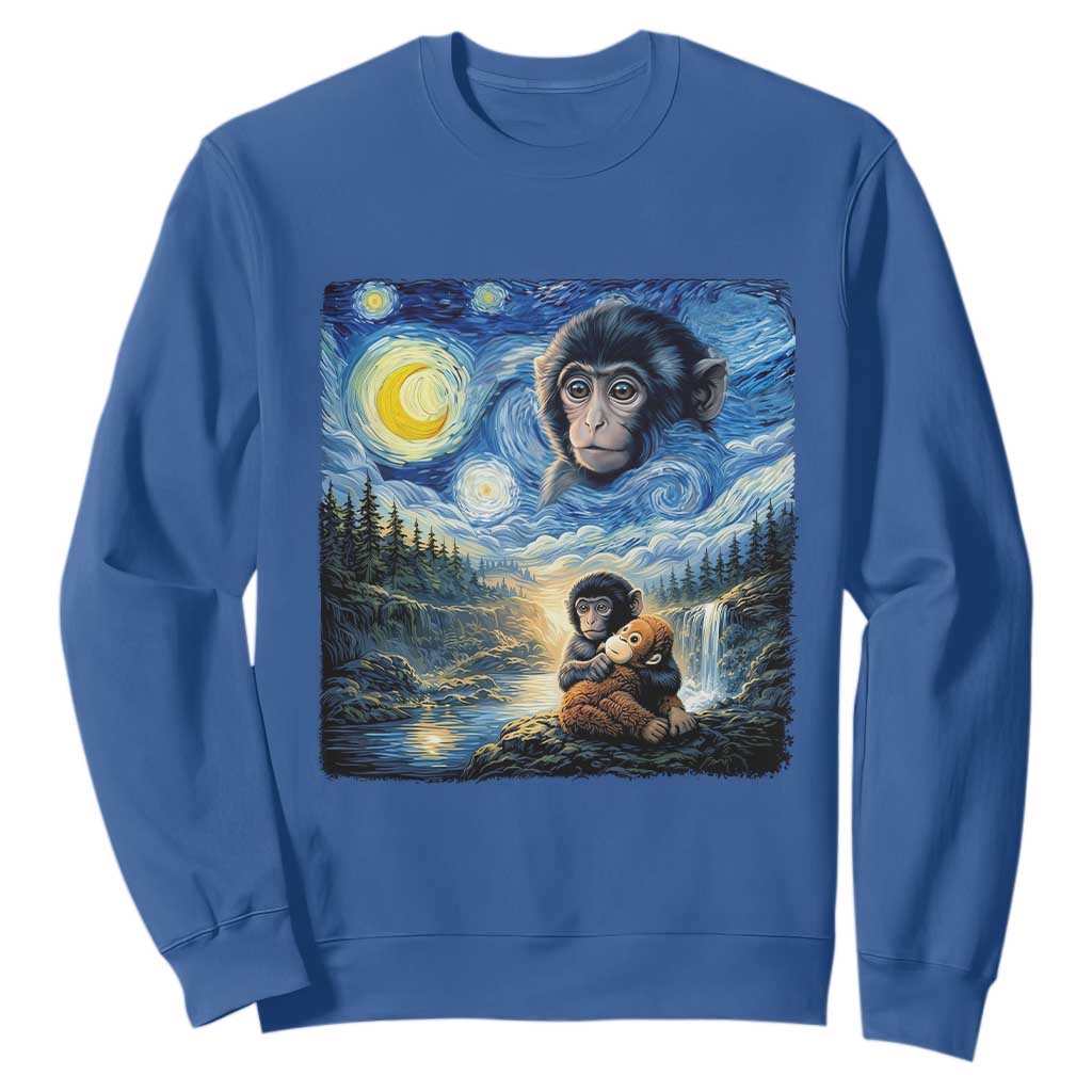 Punch Mokey Sweatshirt Viral Baby Monkey Starry Night Van Gogh TS14 Royal Blue Print Your Wear