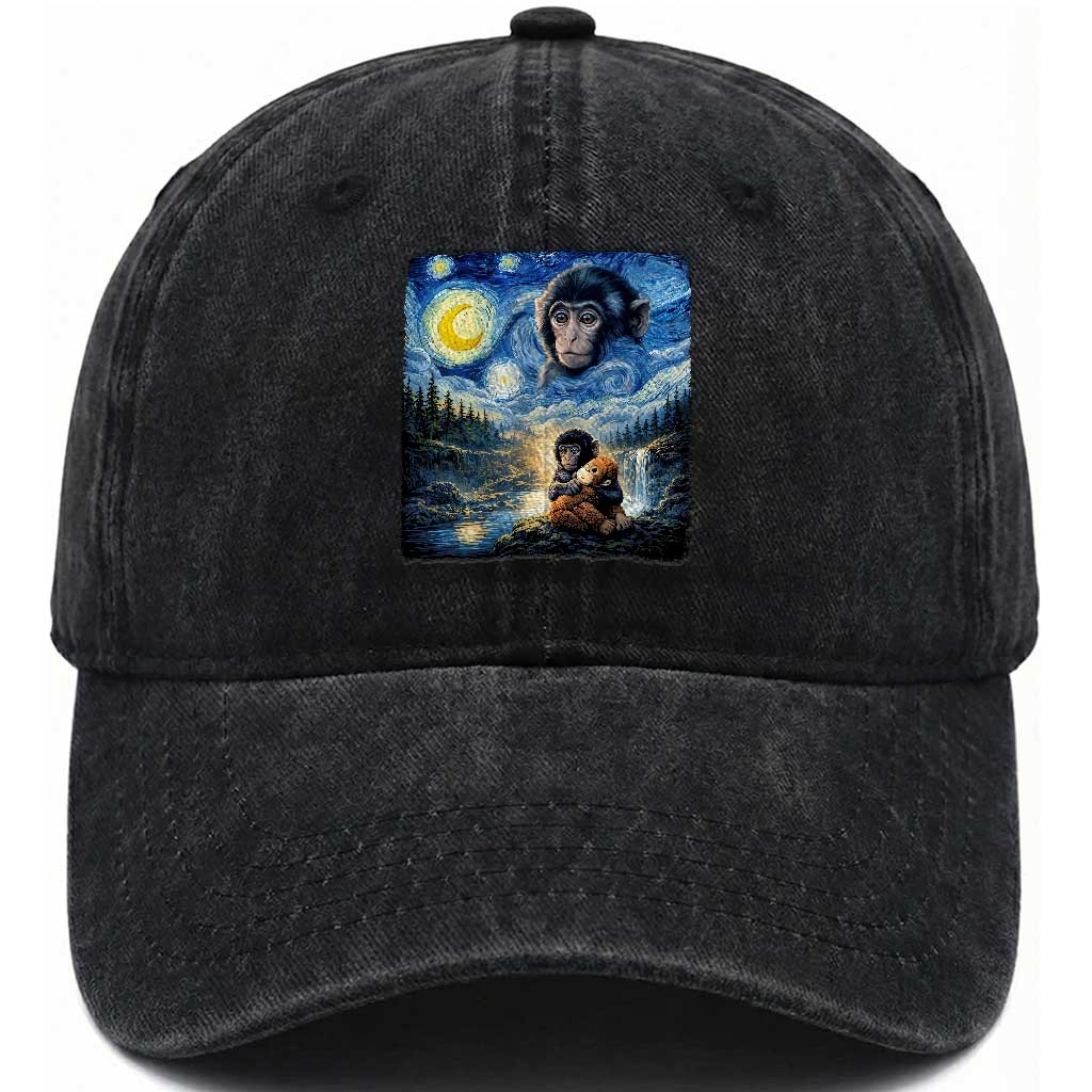 Punch Mokey Washed Cotton Baseball Cap Viral Baby Monkey Starry Night Van Gogh TS14 Washed Cap Universal Fit Black Print Your Wear