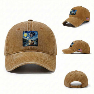 Punch Mokey Washed Cotton Baseball Cap Viral Baby Monkey Starry Night Van Gogh TS14 Washed Cap Universal Fit Yellow Ochre Print Your Wear