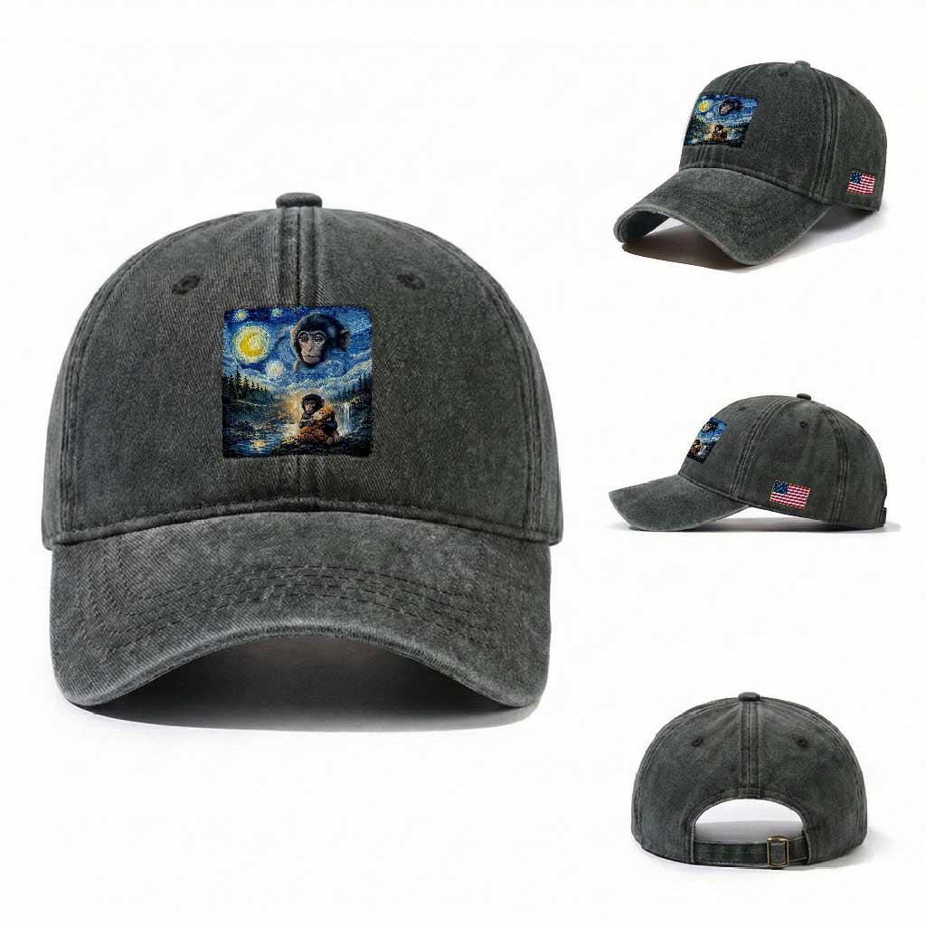 Punch Mokey Washed Cotton Baseball Cap Viral Baby Monkey Starry Night Van Gogh TS14 Washed Cap Universal Fit Dark Green Print Your Wear