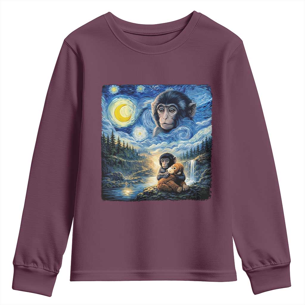 Punch Mokey Youth Sweatshirt Viral Baby Monkey Starry Night Van Gogh TS14 Maroon Print Your Wear