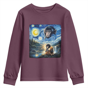 Punch Mokey Youth Sweatshirt Viral Baby Monkey Starry Night Van Gogh TS14 Maroon Print Your Wear