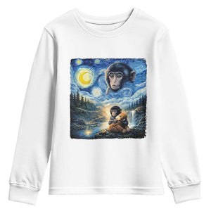 Punch Mokey Youth Sweatshirt Viral Baby Monkey Starry Night Van Gogh TS14 White Print Your Wear
