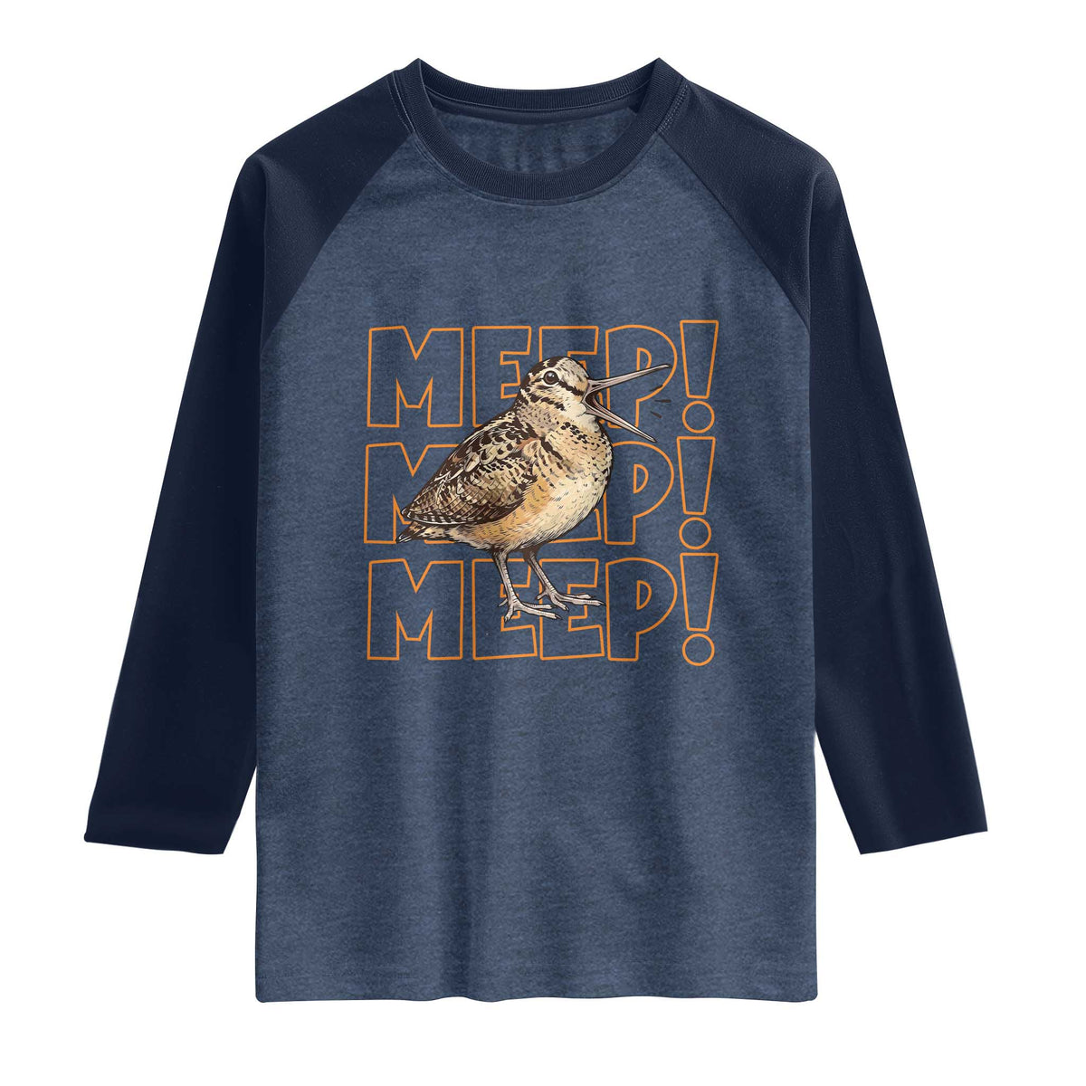Woodcock Meep Raglan Shirt Funny Nature Lover TS14 Heather Denim Navy Print Your Wear