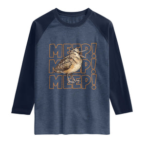 Woodcock Meep Raglan Shirt Funny Nature Lover TS14 Heather Denim Navy Print Your Wear