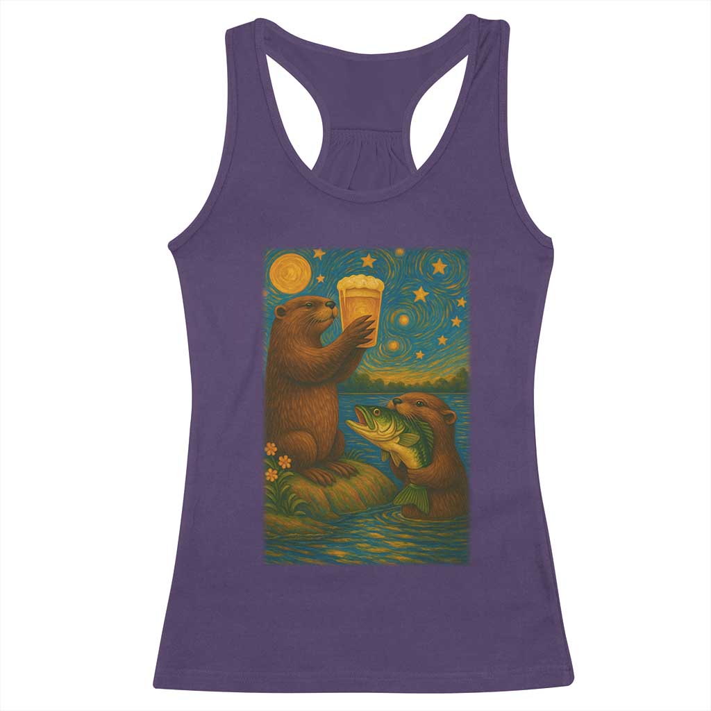 Funny Otter Drinking Beer Racerback Tank Top Van Gogh Starry Night TS14 Purple Print Your Wear