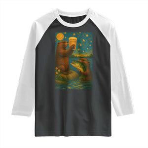 Funny Otter Drinking Beer Raglan Shirt Van Gogh Starry Night TS14 Black White Print Your Wear