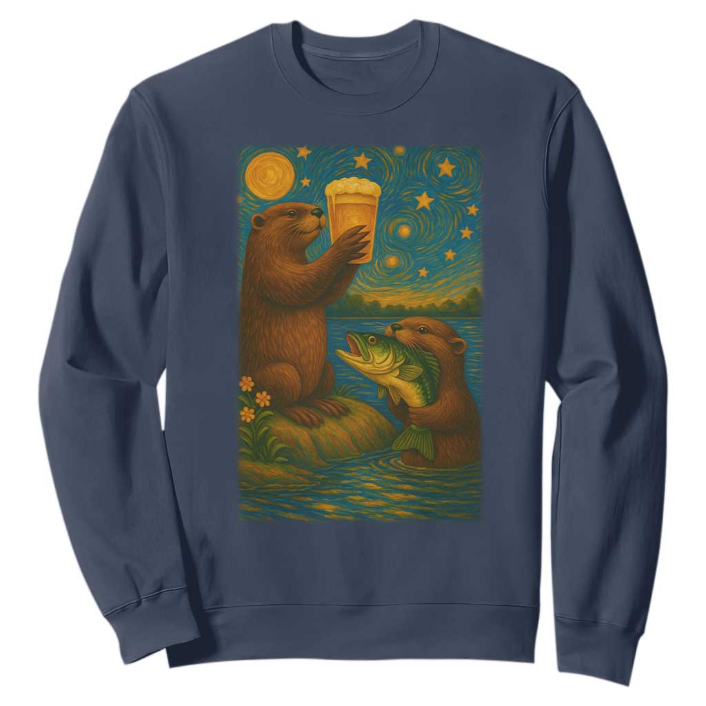 Funny Otter Drinking Beer Sweatshirt Van Gogh Starry Night TS14 Navy Print Your Wear