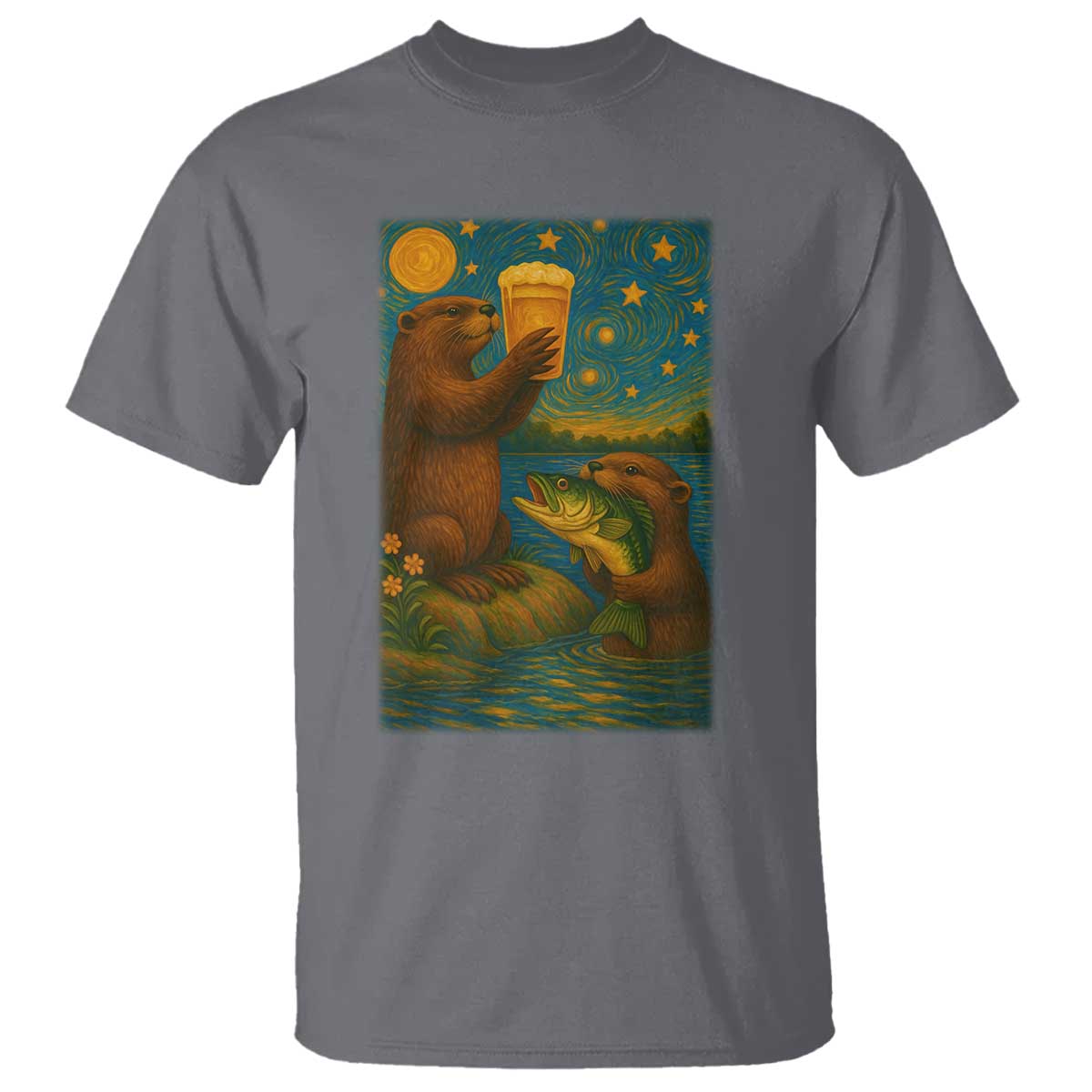 Funny Otter Drinking Beer T Shirt Van Gogh Starry Night TS14 Charcoal Print Your Wear