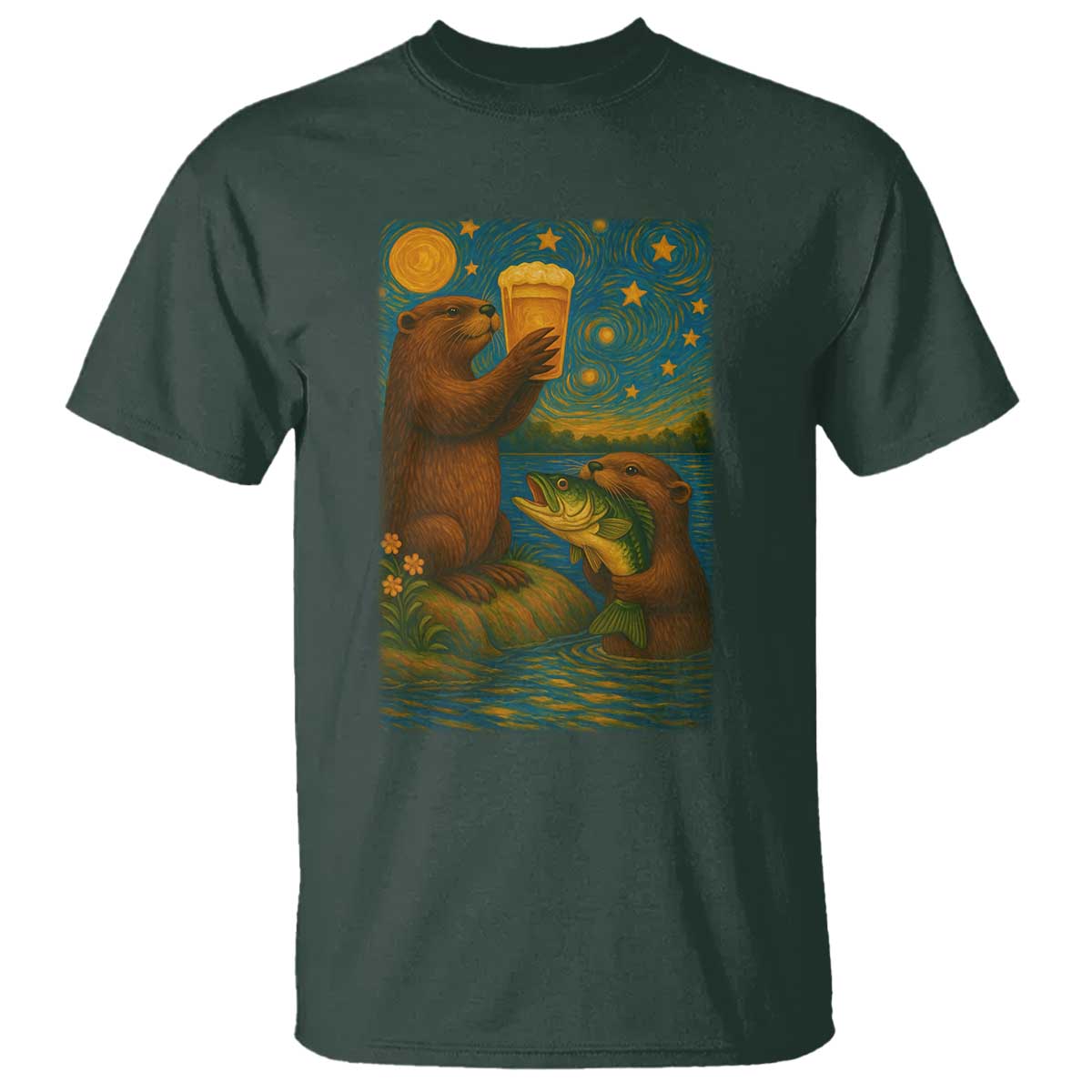 Funny Otter Drinking Beer T Shirt Van Gogh Starry Night TS14 Dark Forest Green Print Your Wear