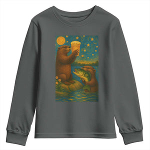Funny Otter Drinking Beer Youth Sweatshirt Van Gogh Starry Night TS14 Dark Heather Print Your Wear