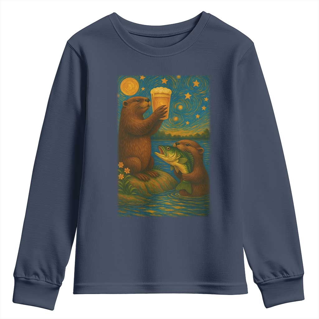 Funny Otter Drinking Beer Youth Sweatshirt Van Gogh Starry Night TS14 Navy Print Your Wear