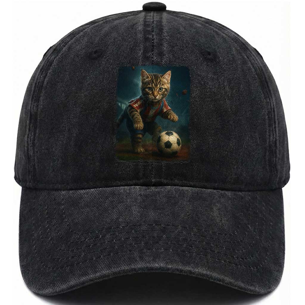 Funny Cat Soccer Ball Washed Cotton Baseball Cap Cute Kitty Football Player Lover TS14 Washed Cap Universal Fit Black Print Your Wear
