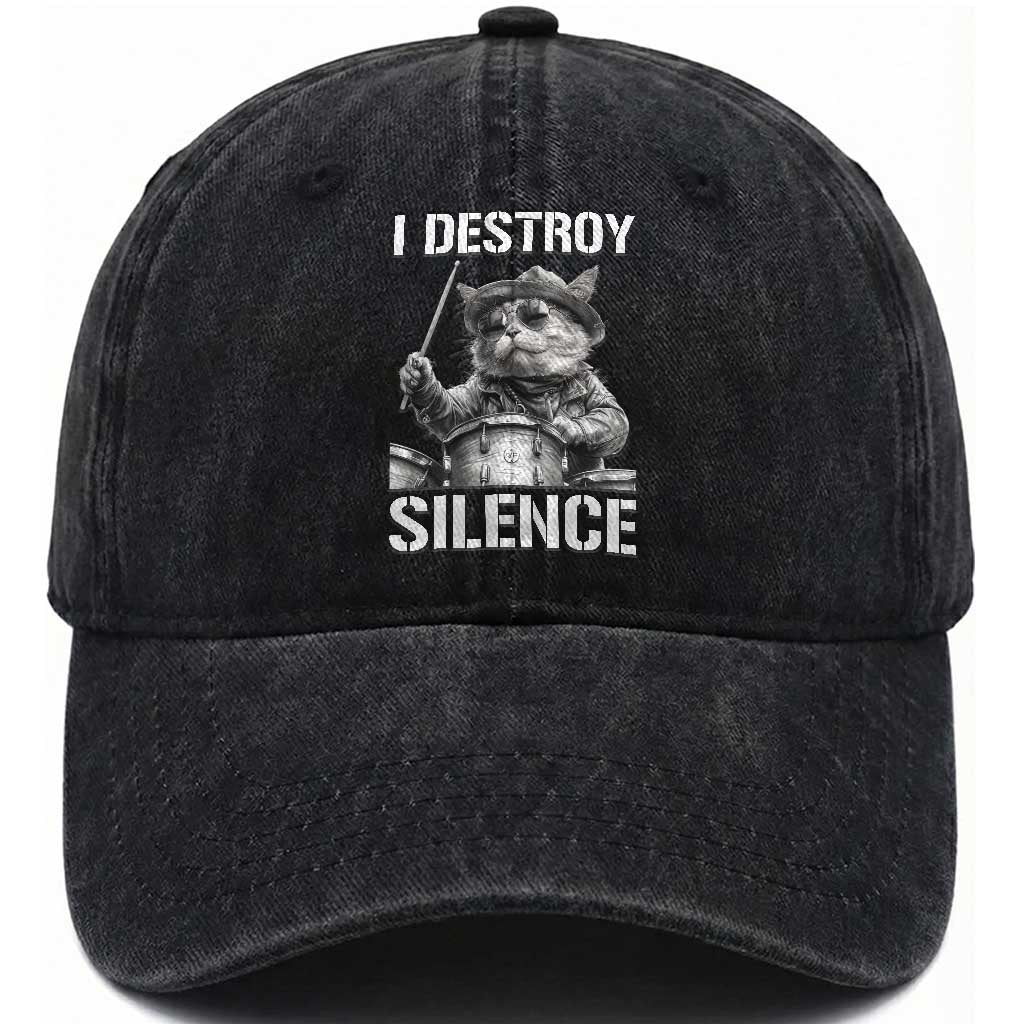 Funny Cat Rock Band Drummer Washed Cotton Baseball Cap I Destroy Silence TS14 Washed Cap Universal Fit Black Print Your Wear