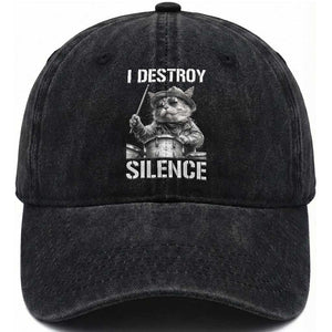 Funny Cat Rock Band Drummer Washed Cotton Baseball Cap I Destroy Silence TS14 Washed Cap Universal Fit Black Print Your Wear