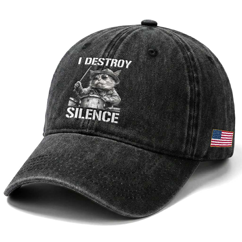 Funny Cat Rock Band Drummer Washed Cotton Baseball Cap I Destroy Silence TS14 Print Your Wear
