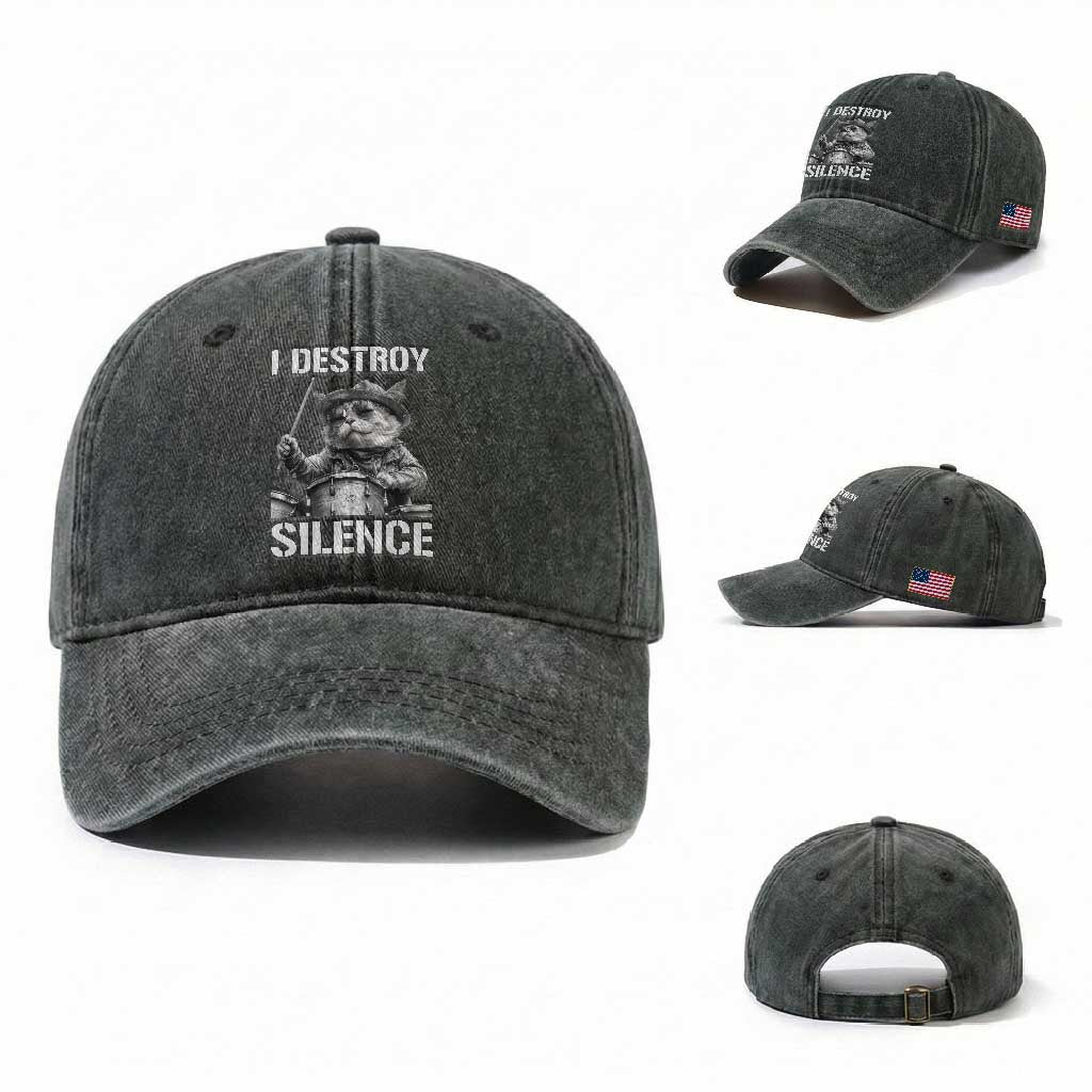 Funny Cat Rock Band Drummer Washed Cotton Baseball Cap I Destroy Silence TS14 Washed Cap Universal Fit Dark Green Print Your Wear