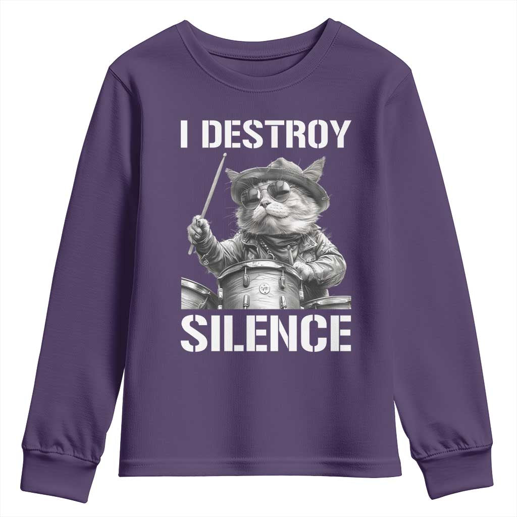 Funny Cat Rock Band Drummer Youth Sweatshirt I Destroy Silence TS14 Purple Print Your Wear