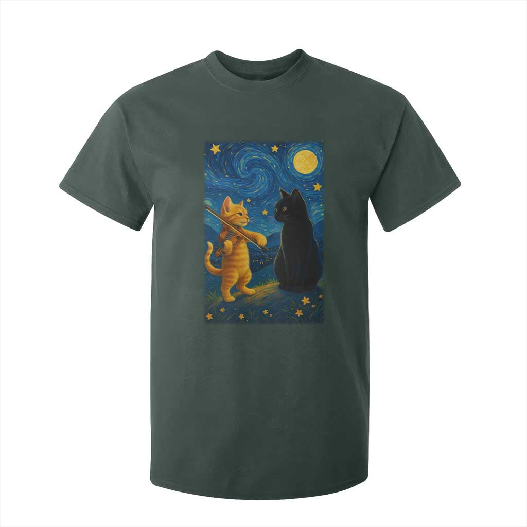Cat Starry Night T Shirt For Kid Van Gogh Violin Kitty Lover TS14 Dark Forest Green Print Your Wear