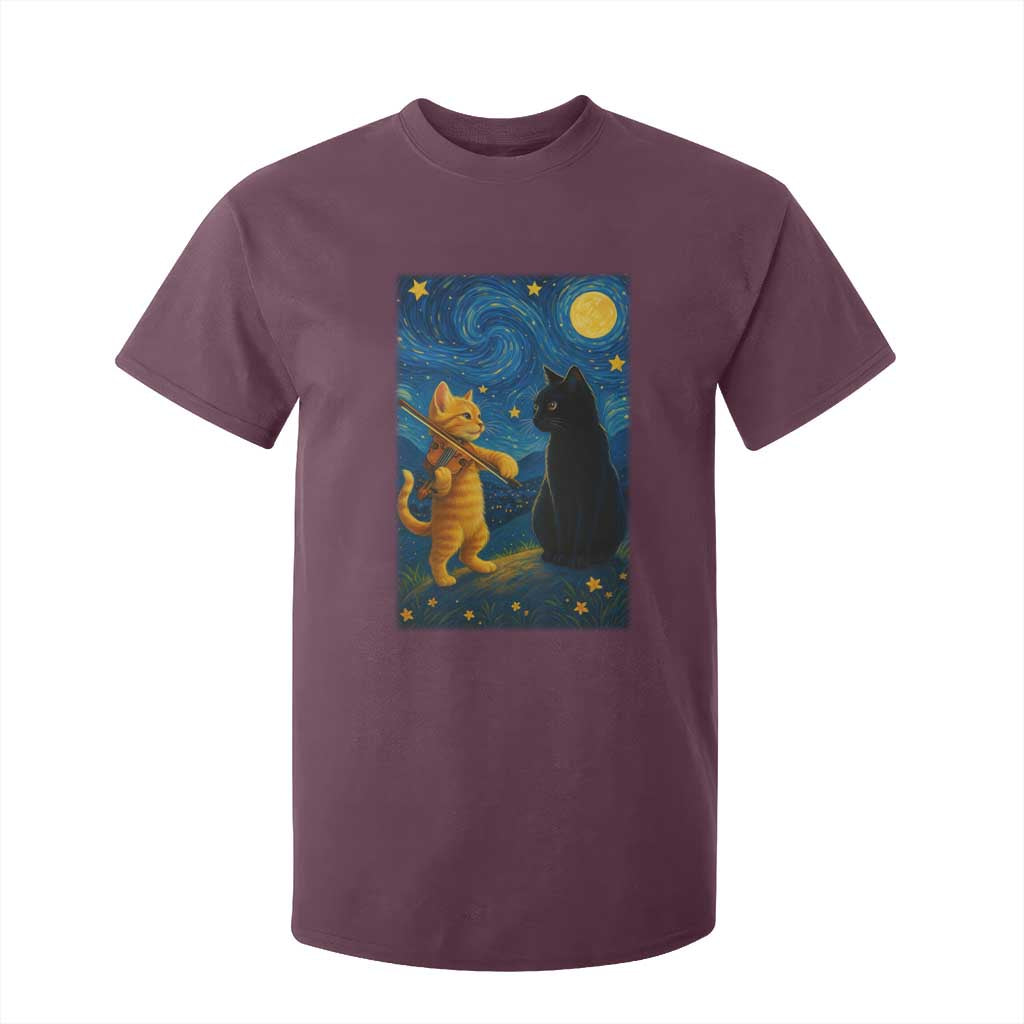 Cat Starry Night T Shirt For Kid Van Gogh Violin Kitty Lover TS14 Maroon Print Your Wear