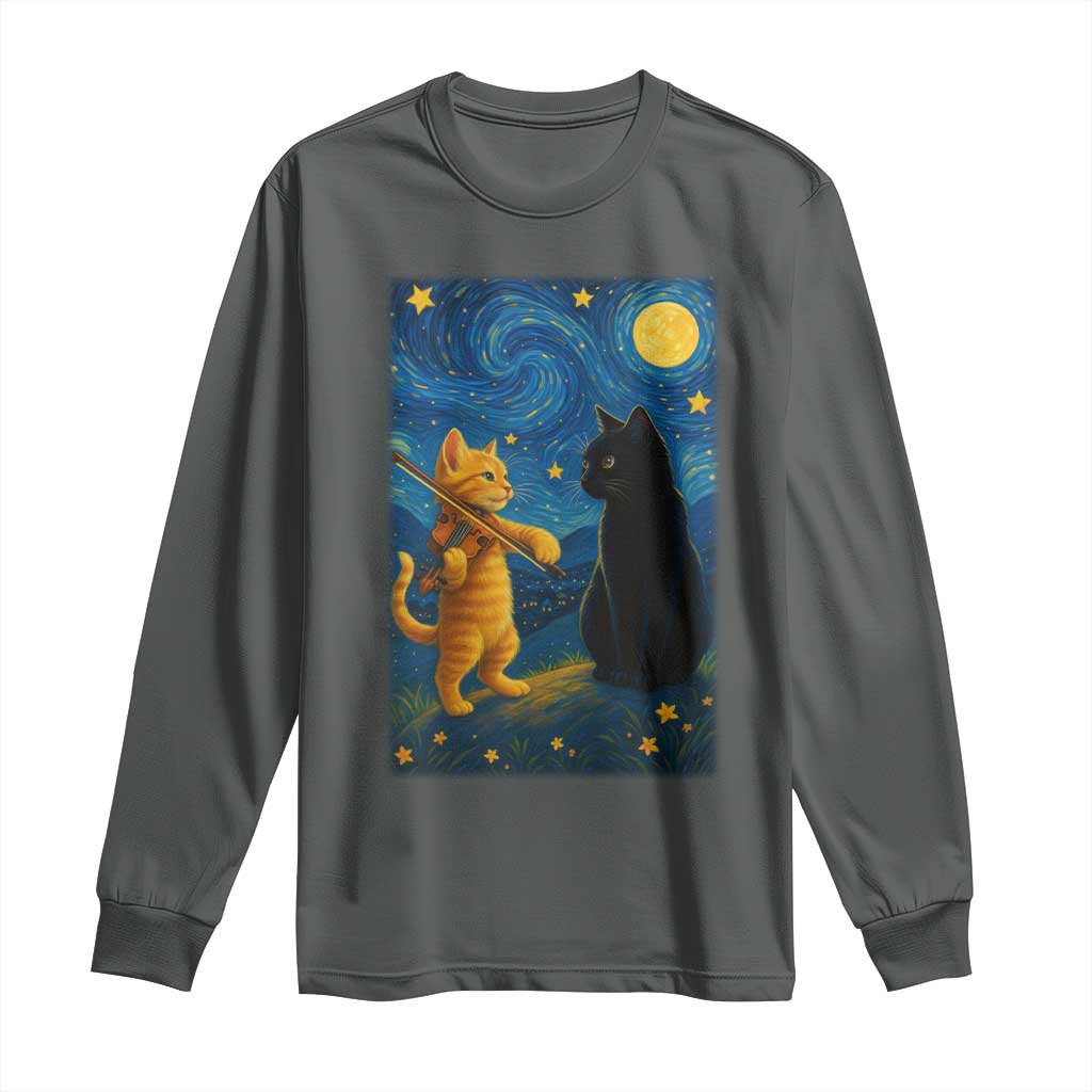 Cat Starry Night Long Sleeve Shirt Van Gogh Violin Kitty Lover TS14 Dark Heather Print Your Wear