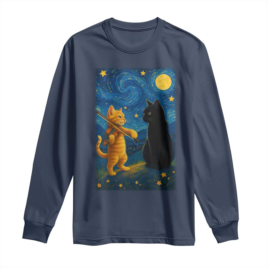 Cat Starry Night Long Sleeve Shirt Van Gogh Violin Kitty Lover TS14 Navy Print Your Wear